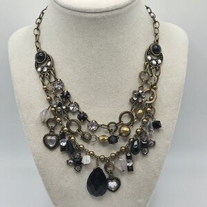 VINTAGE Bronze Tone Multi Layered Black Rhinestone Charm Dangle Necklace